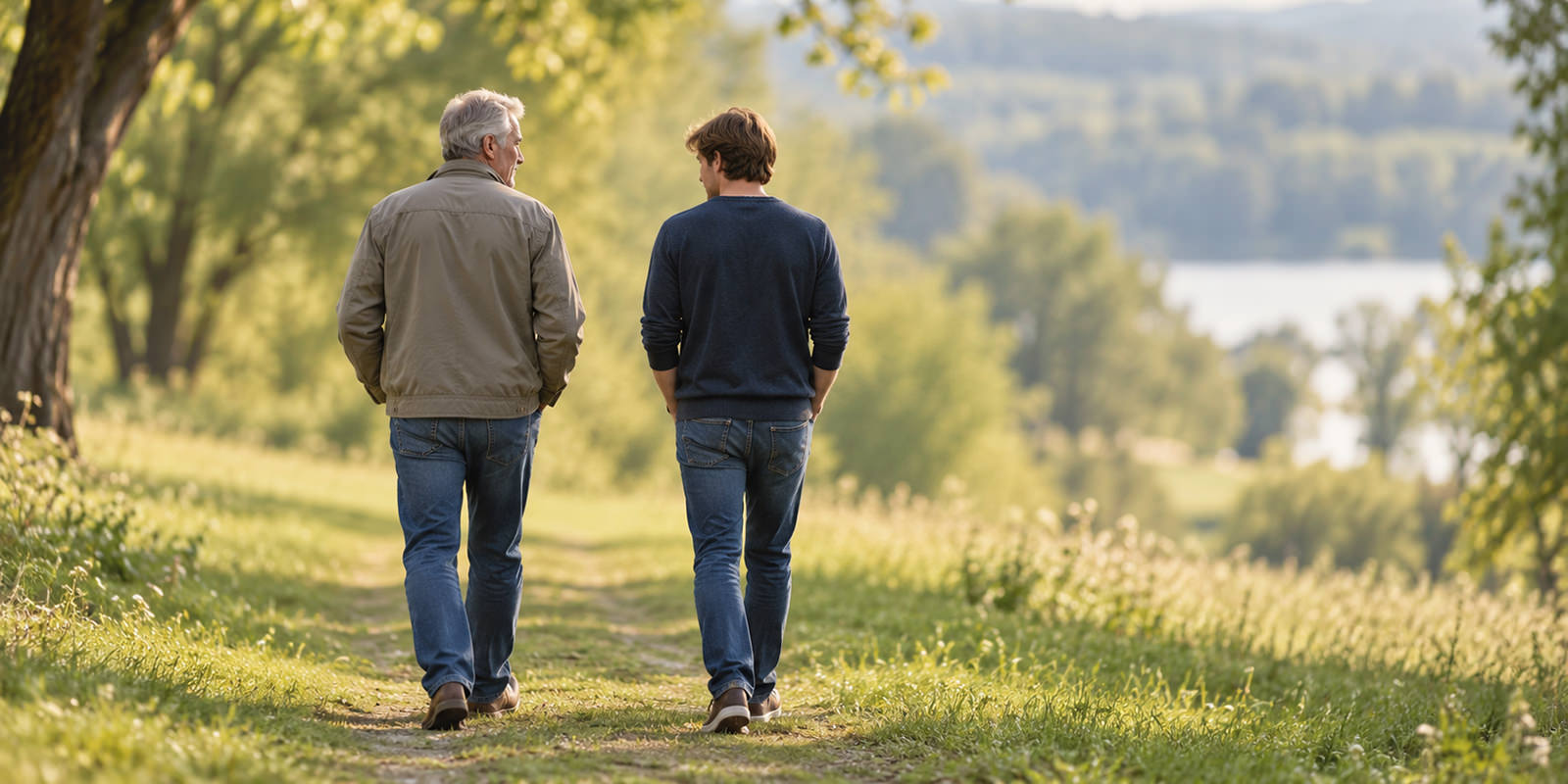  Ein Vater und sein erwachsener Sohn gehen nebeneinander. Illustration zu Vater-Kind-Coaching in Wien.