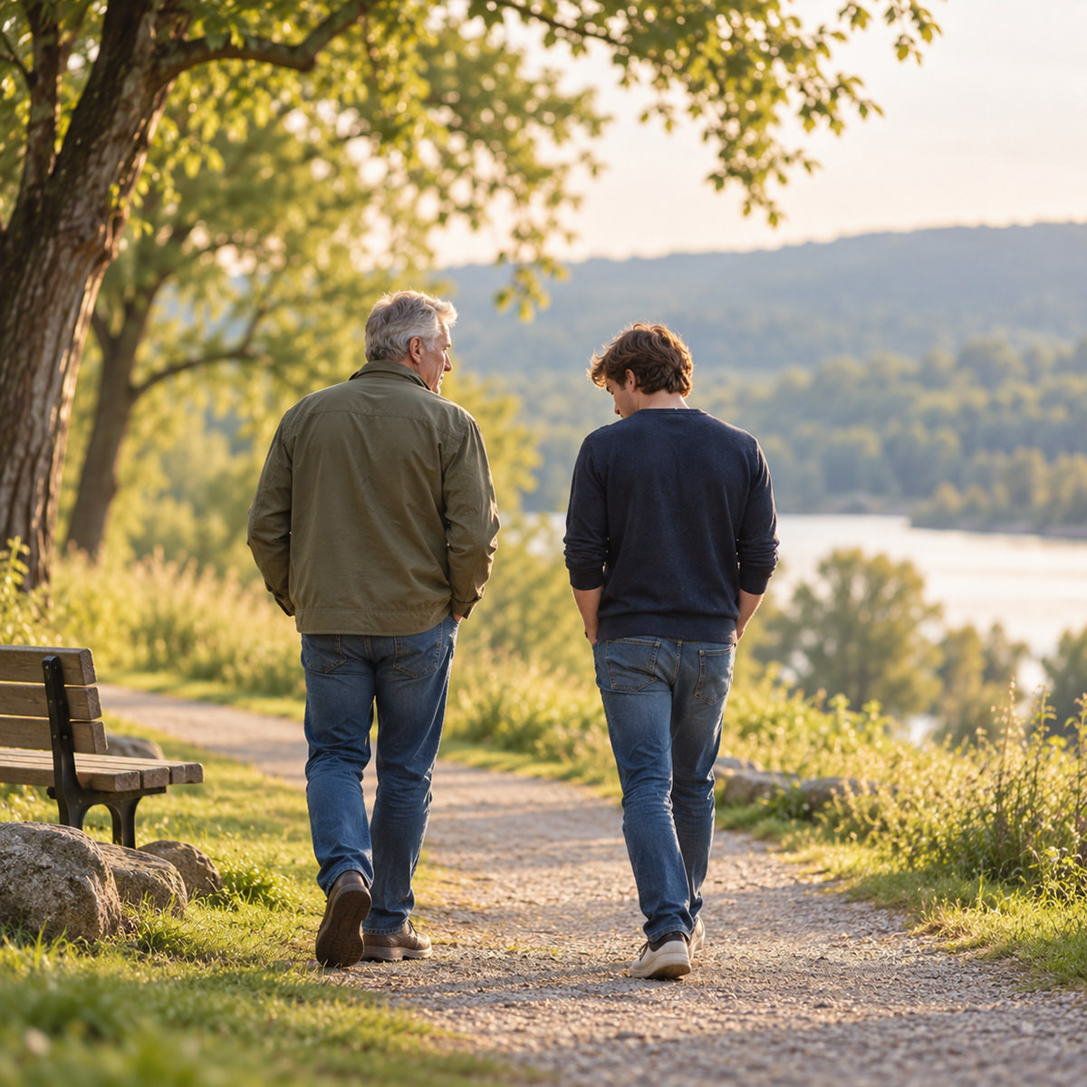 Vater und Sohn gehen nebeneinander. Illustration zum Thema Vater-Kind-Beratung und Coaching in Wien. 